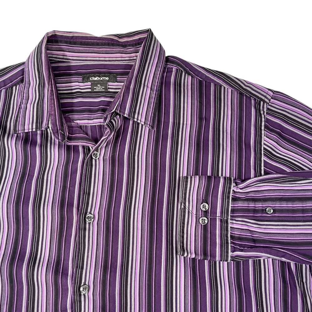 Claiborne XL Purple Striped Button Down Shirt Long Sleeve Cotton Dark Academia
